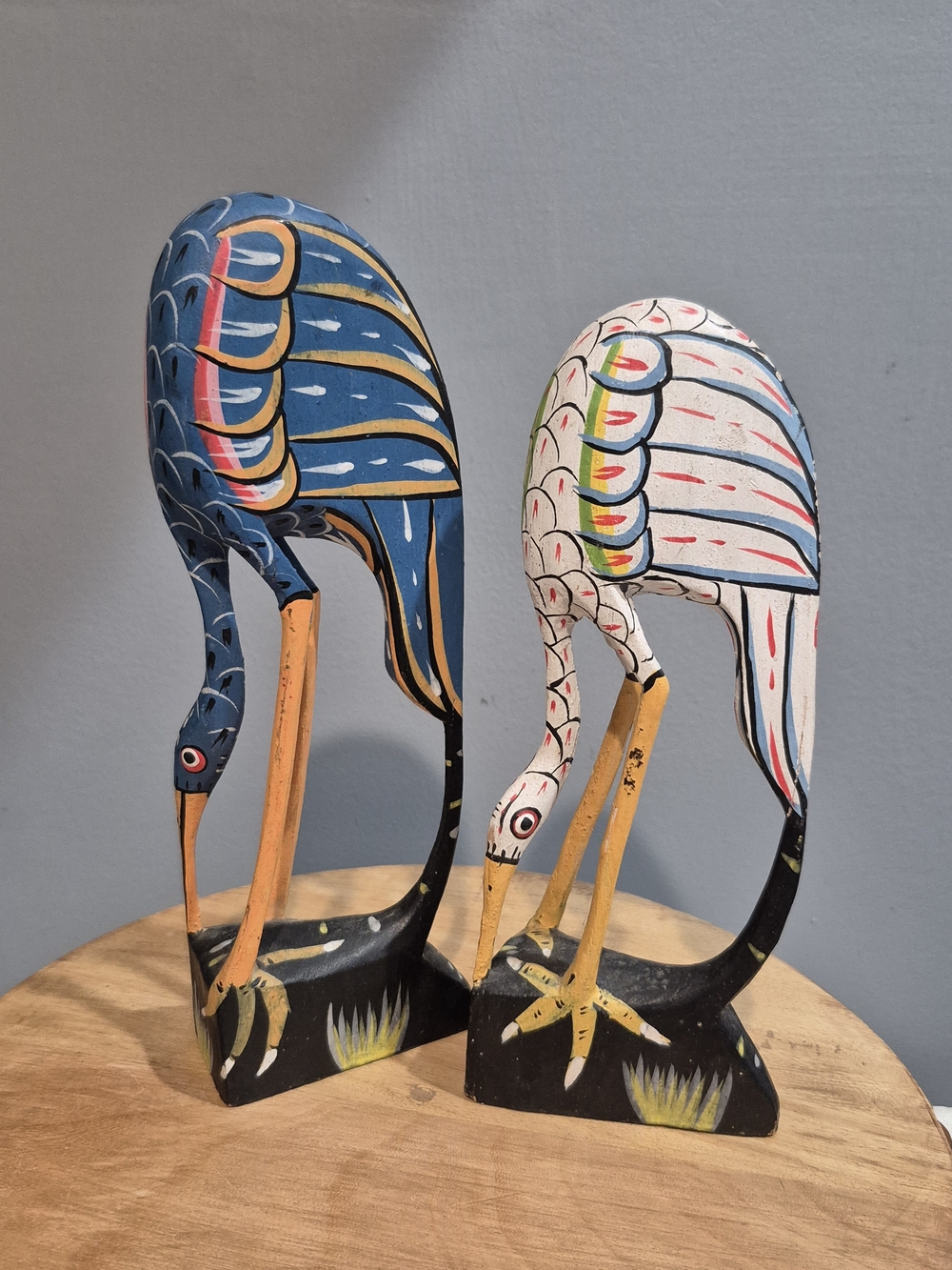 Vintage Hand Carved Wood Bird Sculpture Set Boho Folk Art Crane Heron 7" & 8"